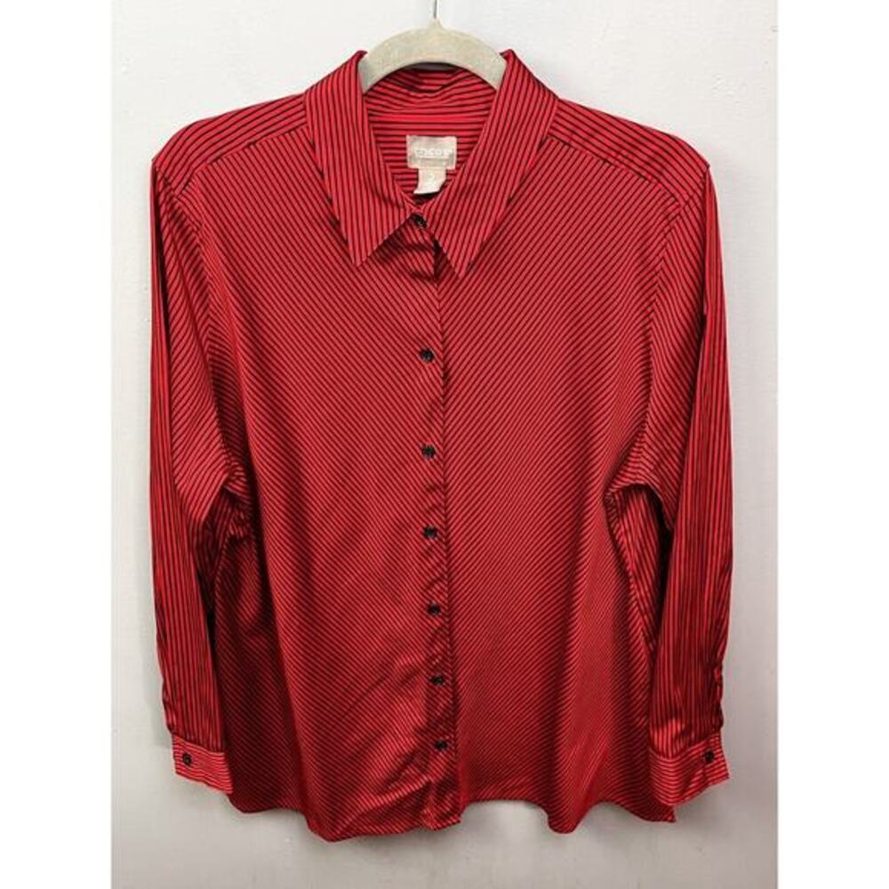 Chico's Shirt Womens 2 Medium Large Red Black Striped Button Front Colorful Top